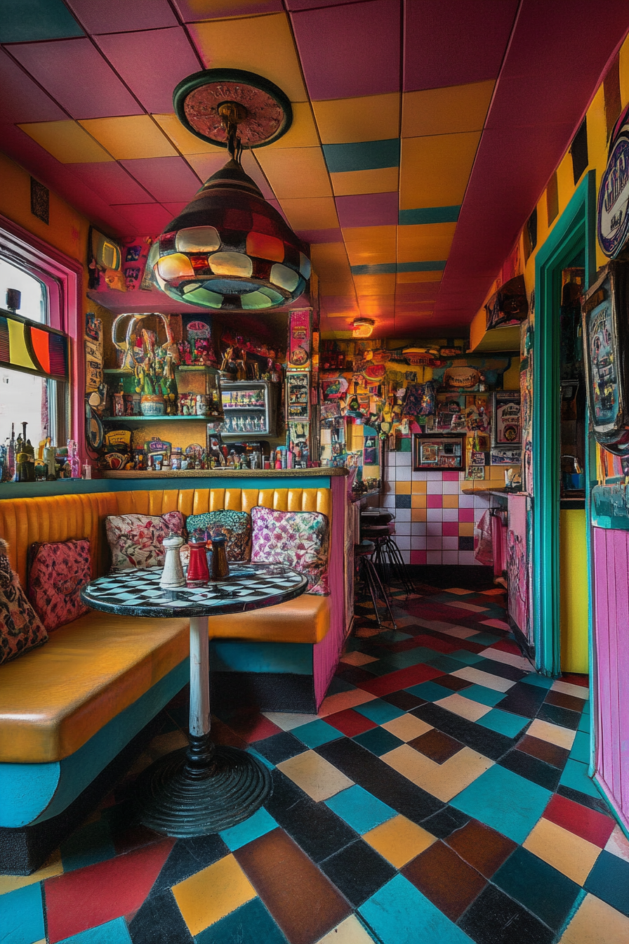 tabletop, checkerboard floor, and kitschy decor.