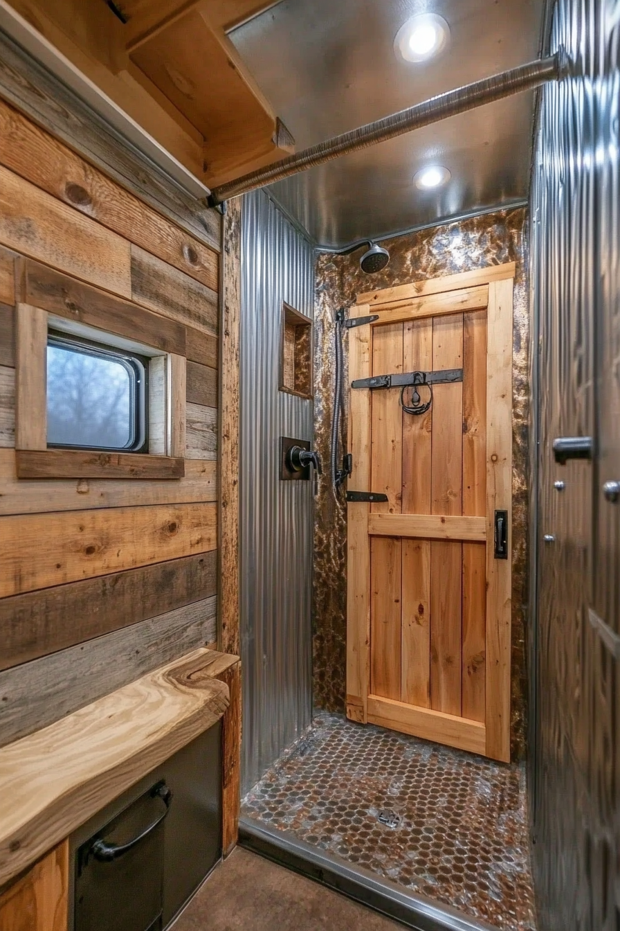 Farmhouse RV bathroom. Corrugated metal shower with a rustic wooden barn door and shiplap walls.