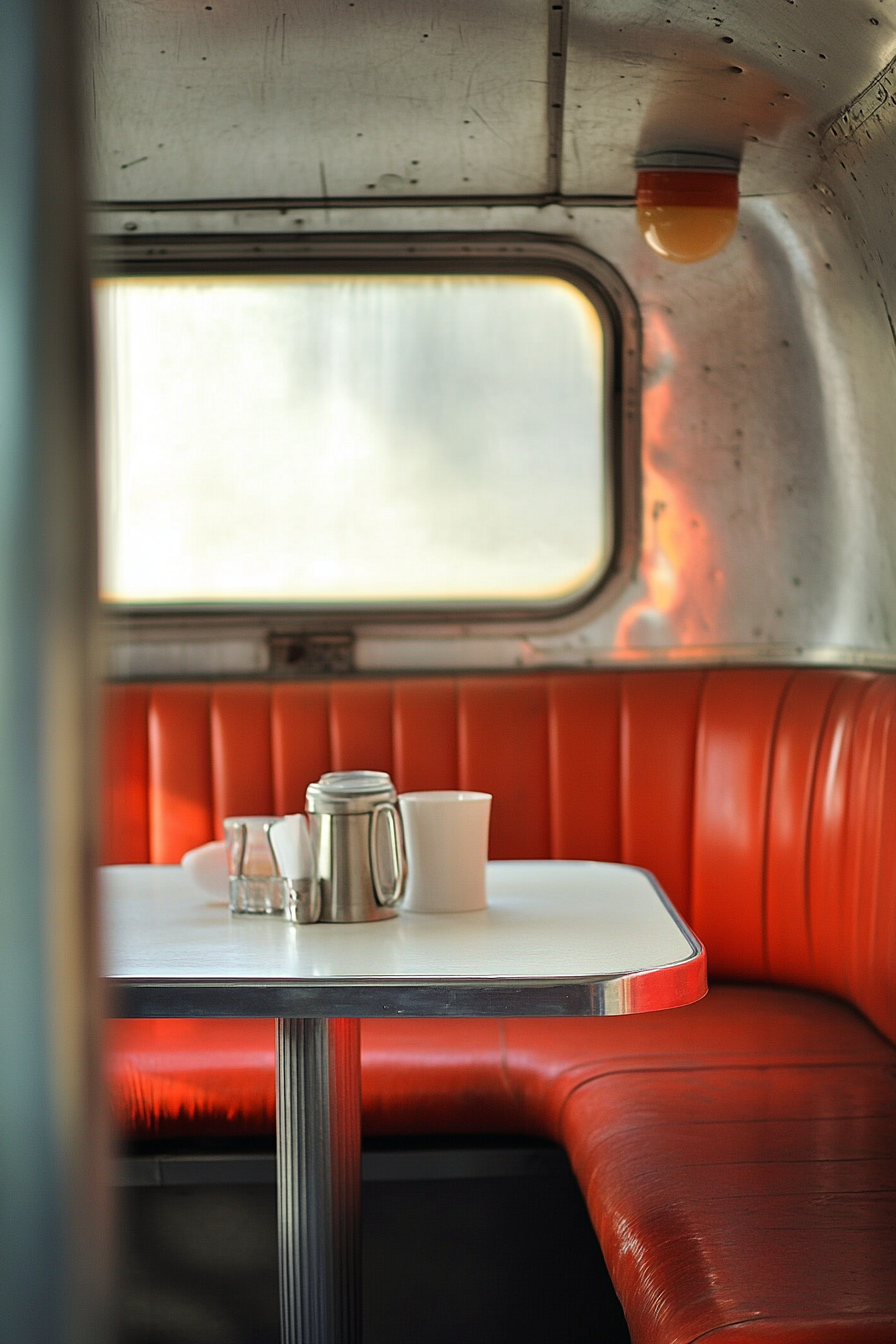 Vintage Airstream dining nook. Red vinyl booth, chrome dinette set, white Formica table.