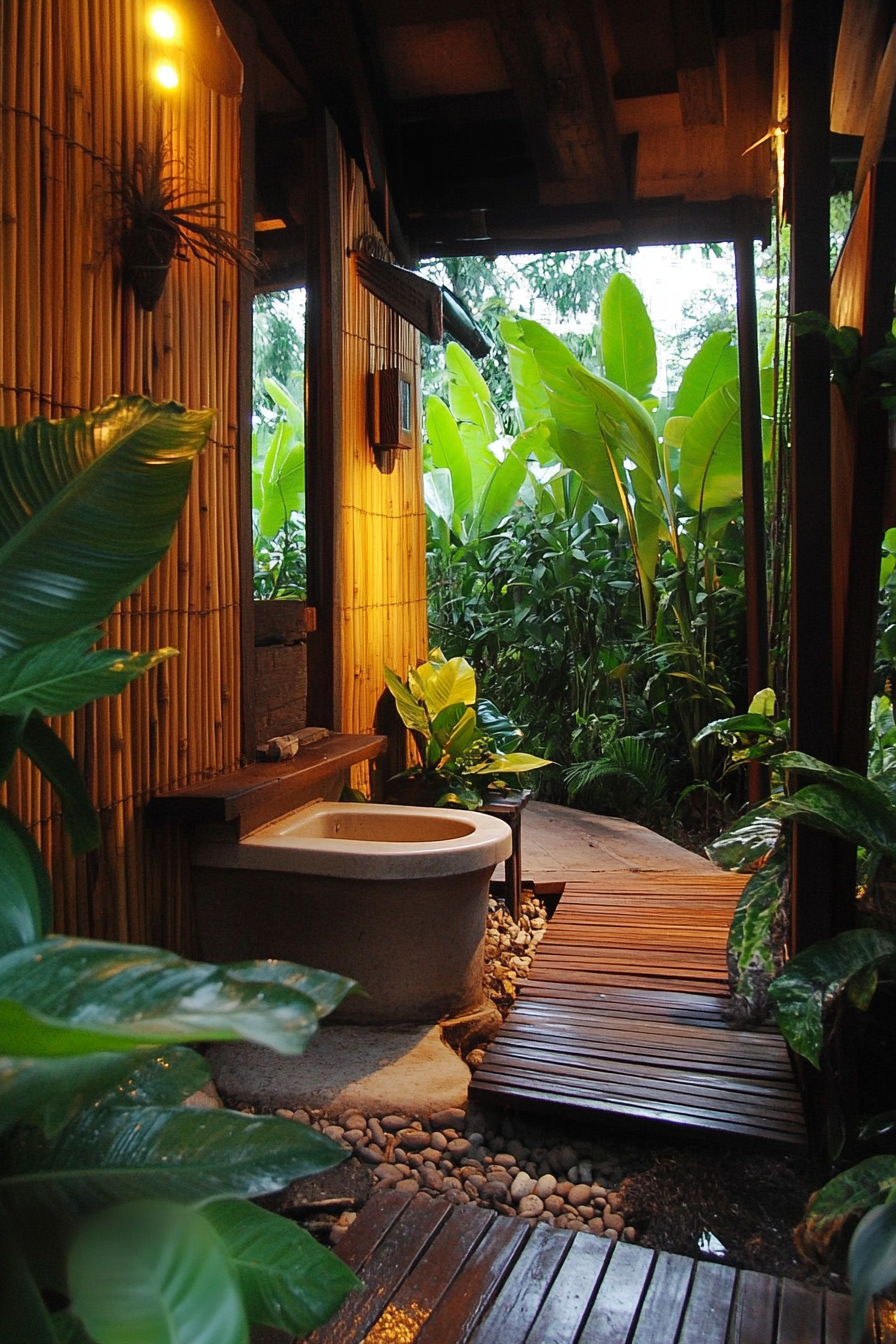 Tiny bathroom design. Composting toilet beside bamboo-screened showering area.