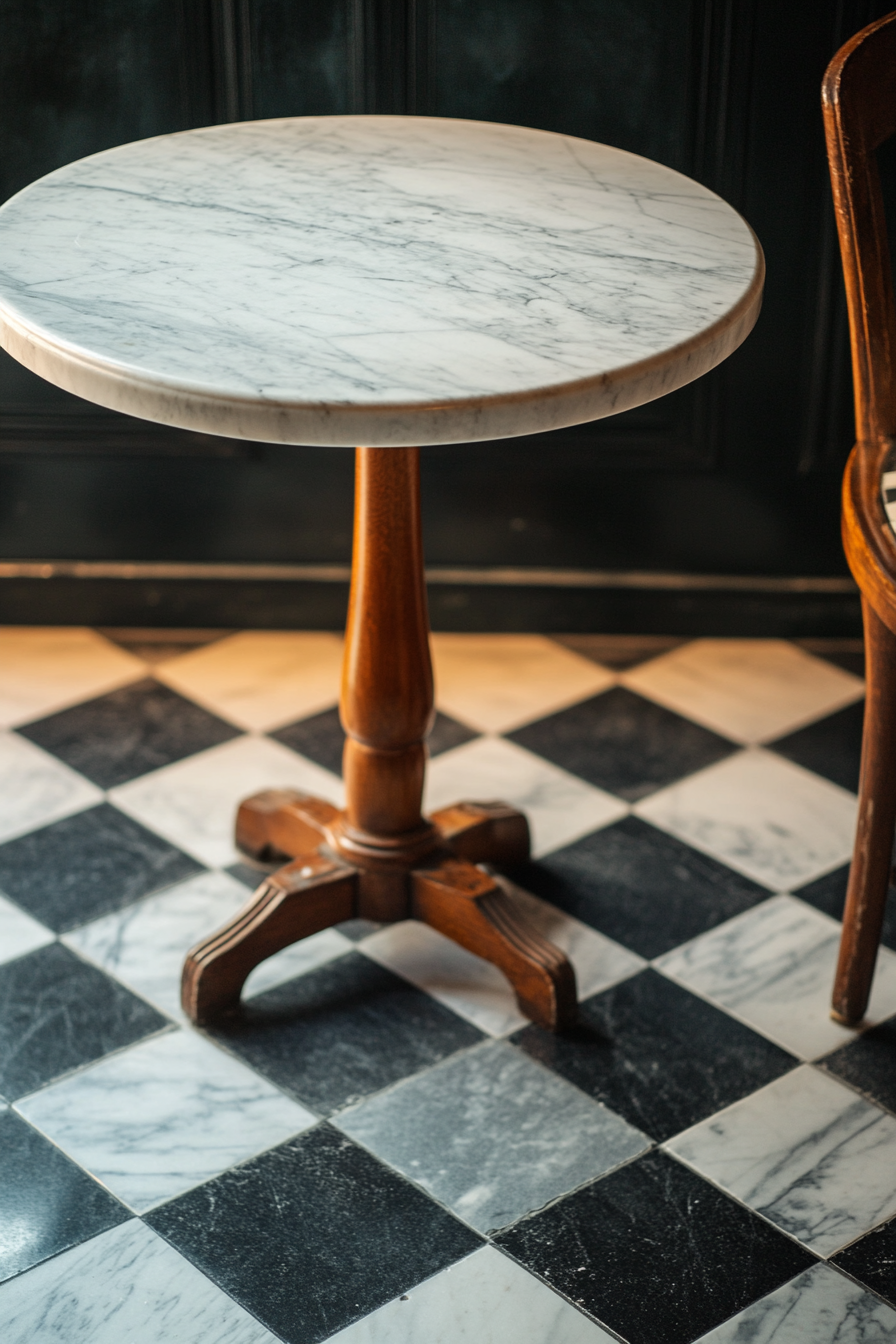 table, black and white checkered flooring.