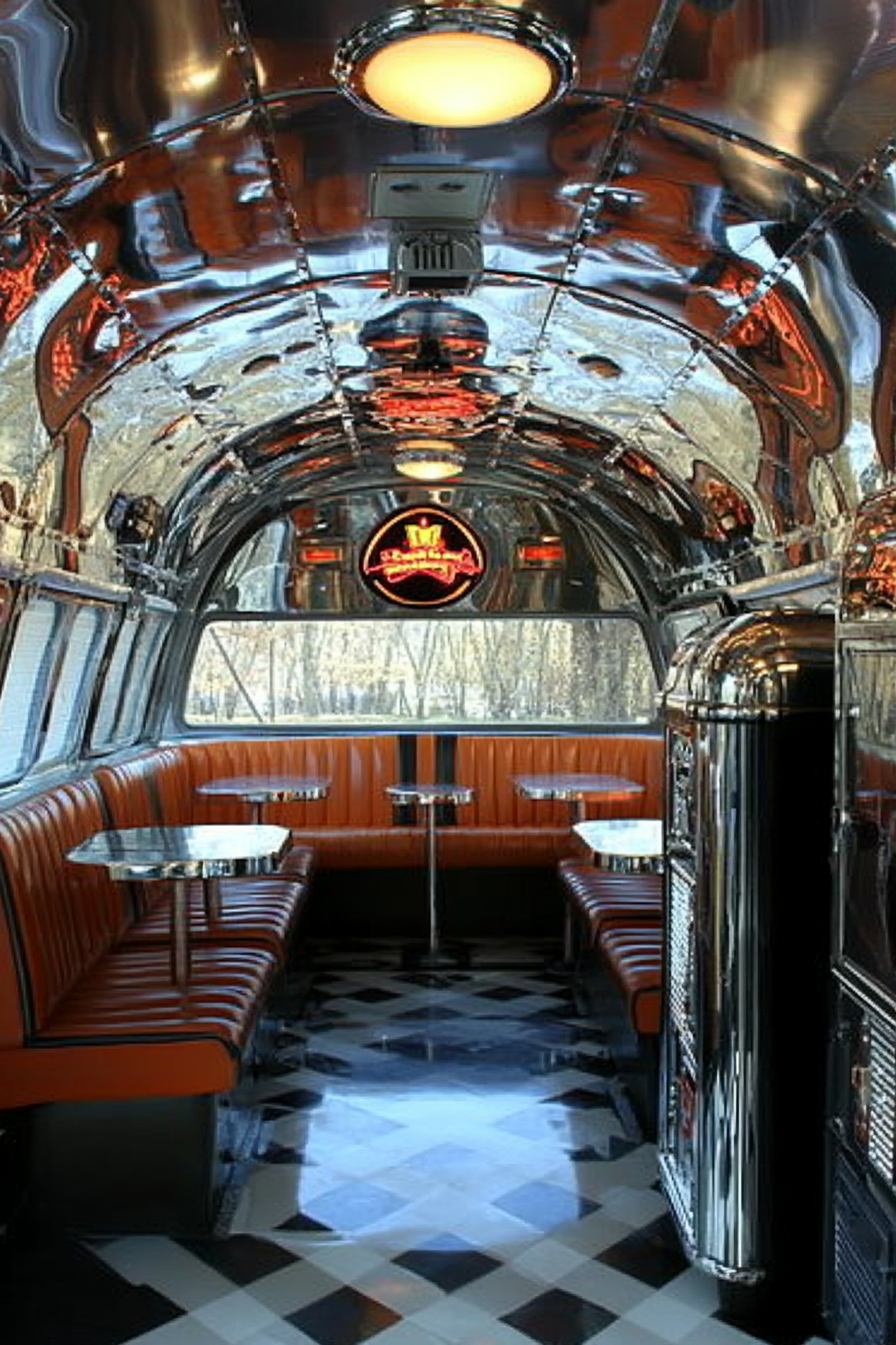 Dining space in retro-style camper featuring checkerboard floor, old school diner booths and chrome jukebox.