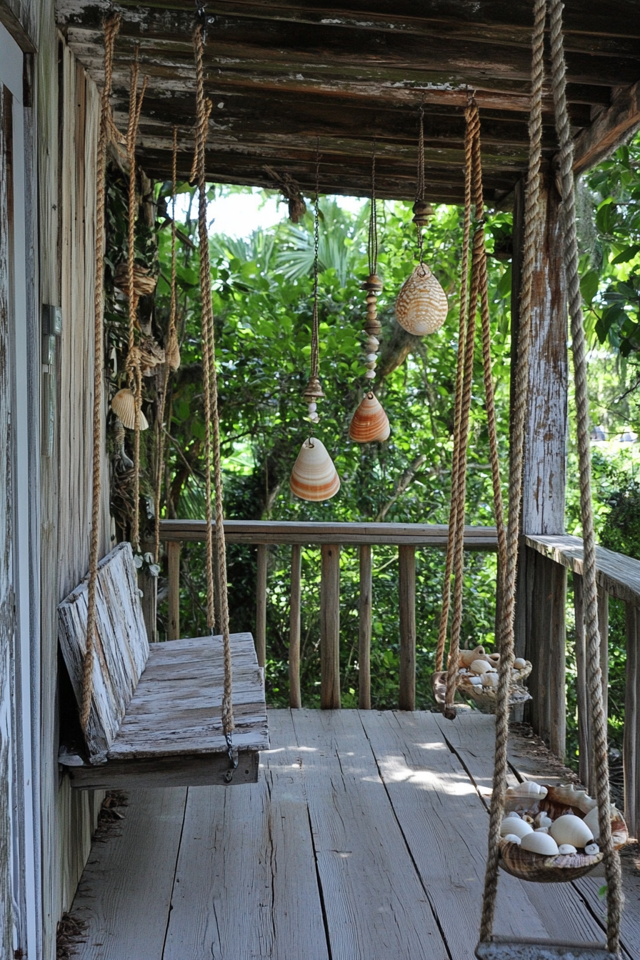 Tiny porch design. Weathered wood deck with rope swings and shell wind chimes.