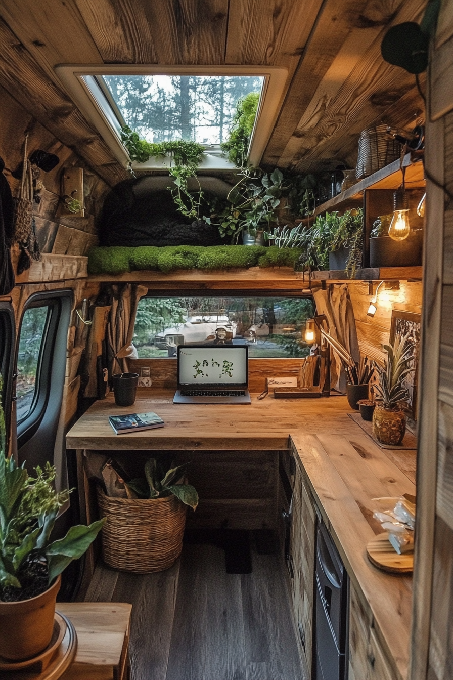 Van workspace. Wooden desk, living roof, moss wall.