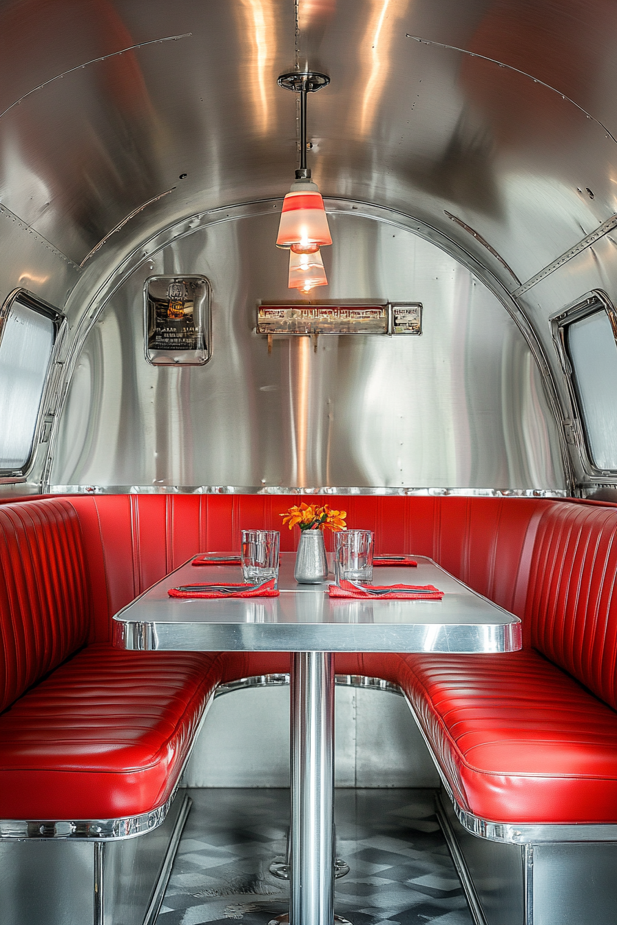 Vintage Airstream Dining Nook. Chrome-finished dining table, red-vinyl booth, grey formica countertops.