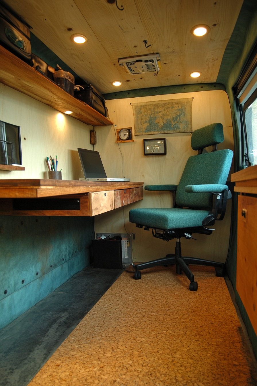 Sustainable Sprinter Van Office Space. Recycled wood desk, hemp upholstery in teal, cork flooring.