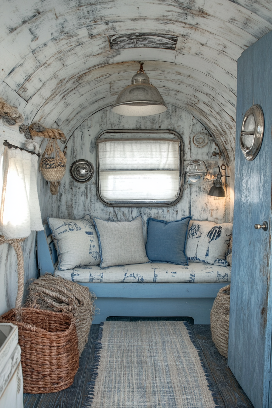 Camper living area. Whitewashed walls, blue accent furniture, and rope-detail decor.