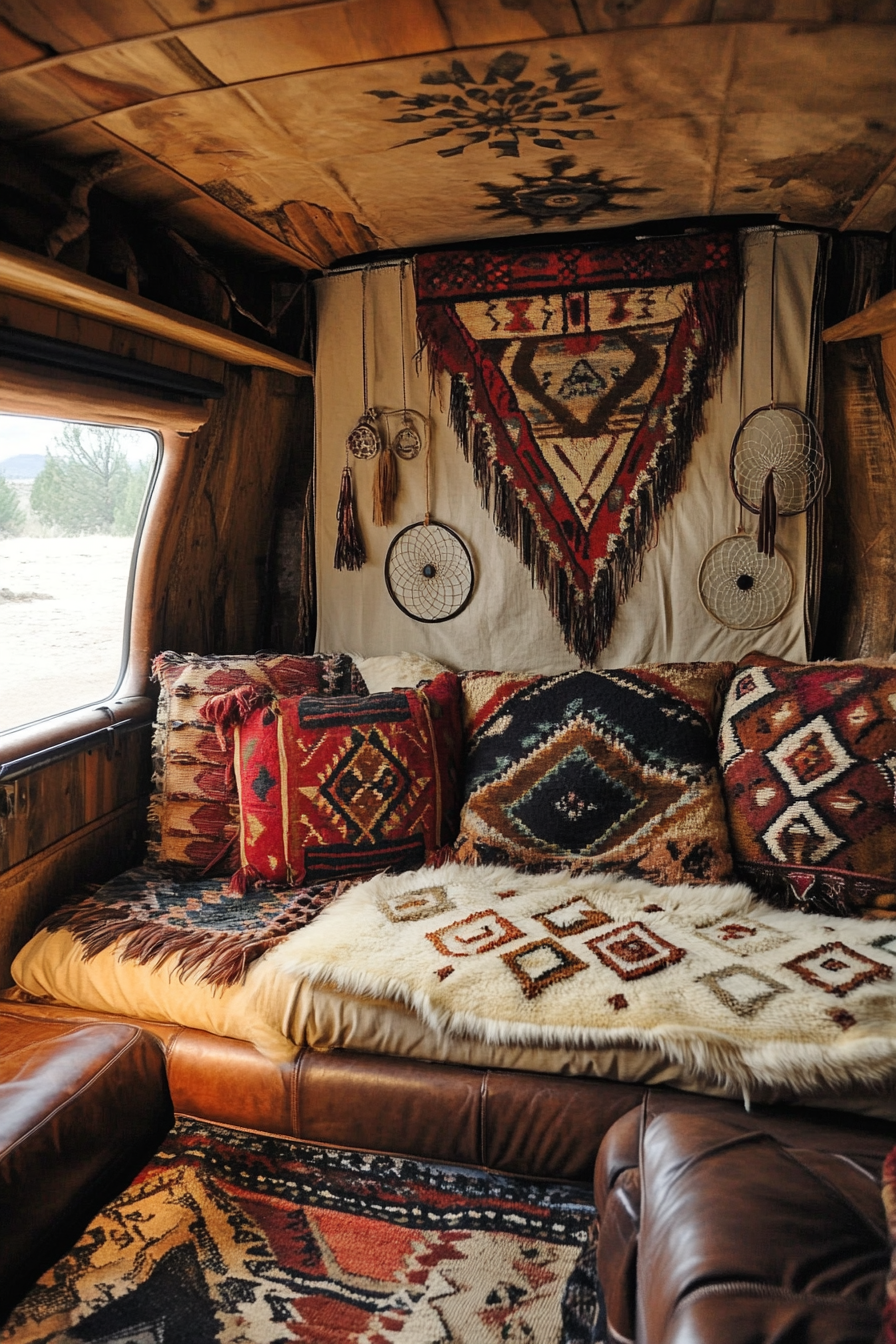 Van bedroom. Leather seating cushions, beige Navajo tapestry, hung dreamcatchers.