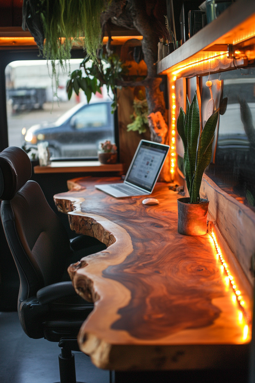 Sprinter Van Office Space. Recycled wood desk under solar-powered LED light strip.