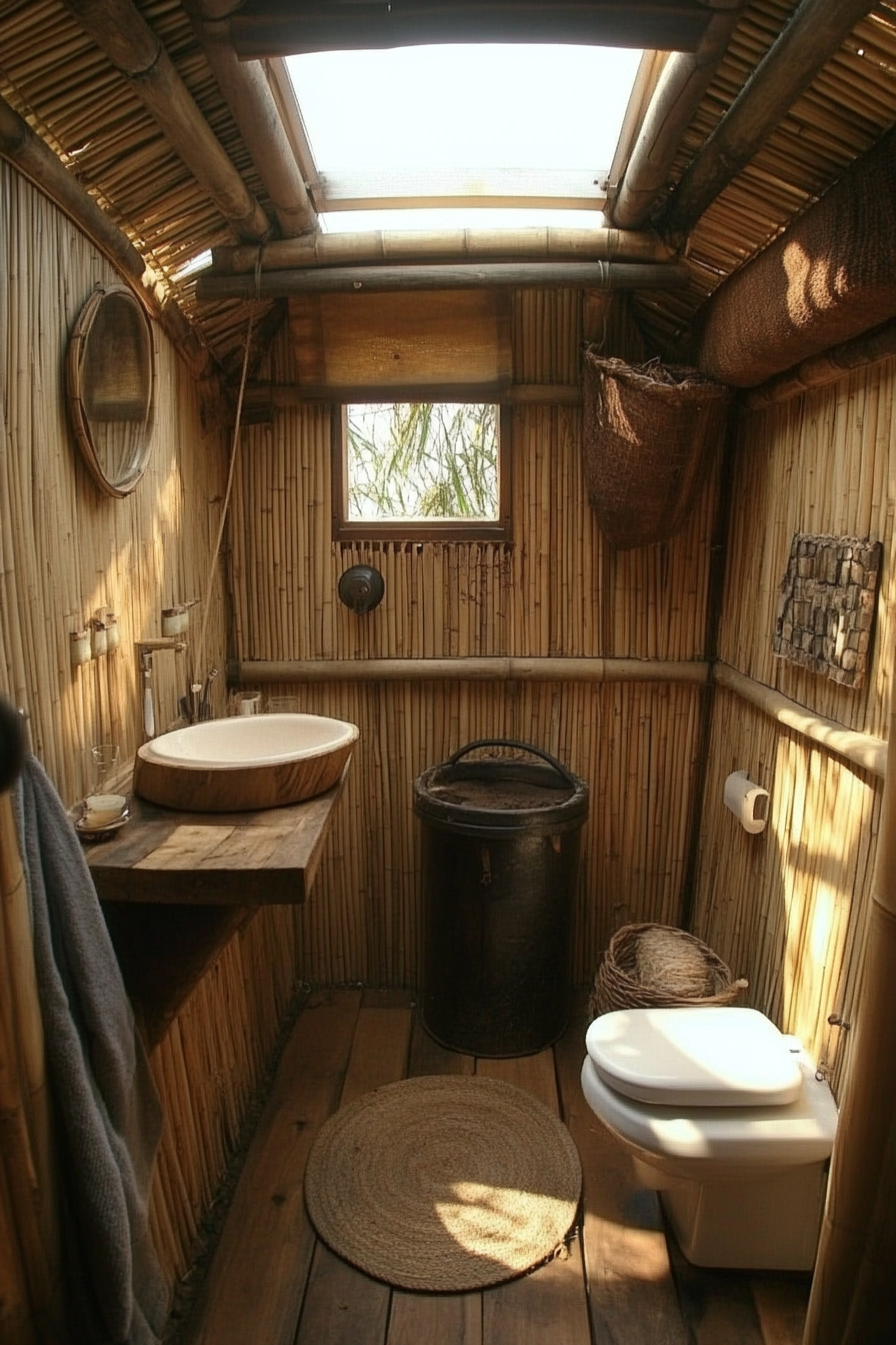 Tiny sustainable bathroom. Combo of bamboo walls, skylight, grey water system, composting toilet.