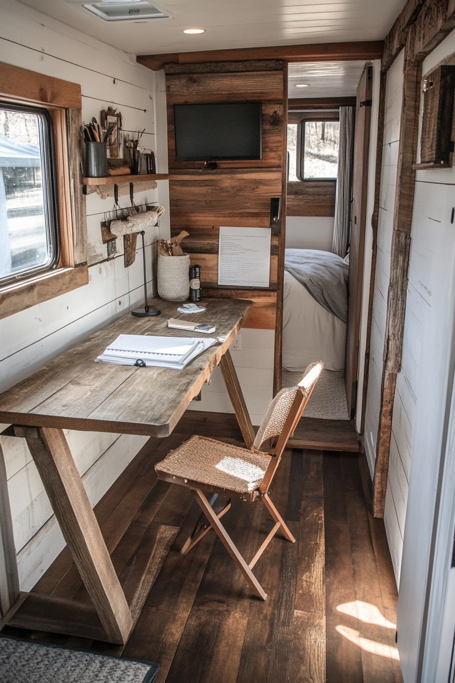 Sprinter Van Office Space. Eco-friendly recycled wood plank desk, hemp folding chair.