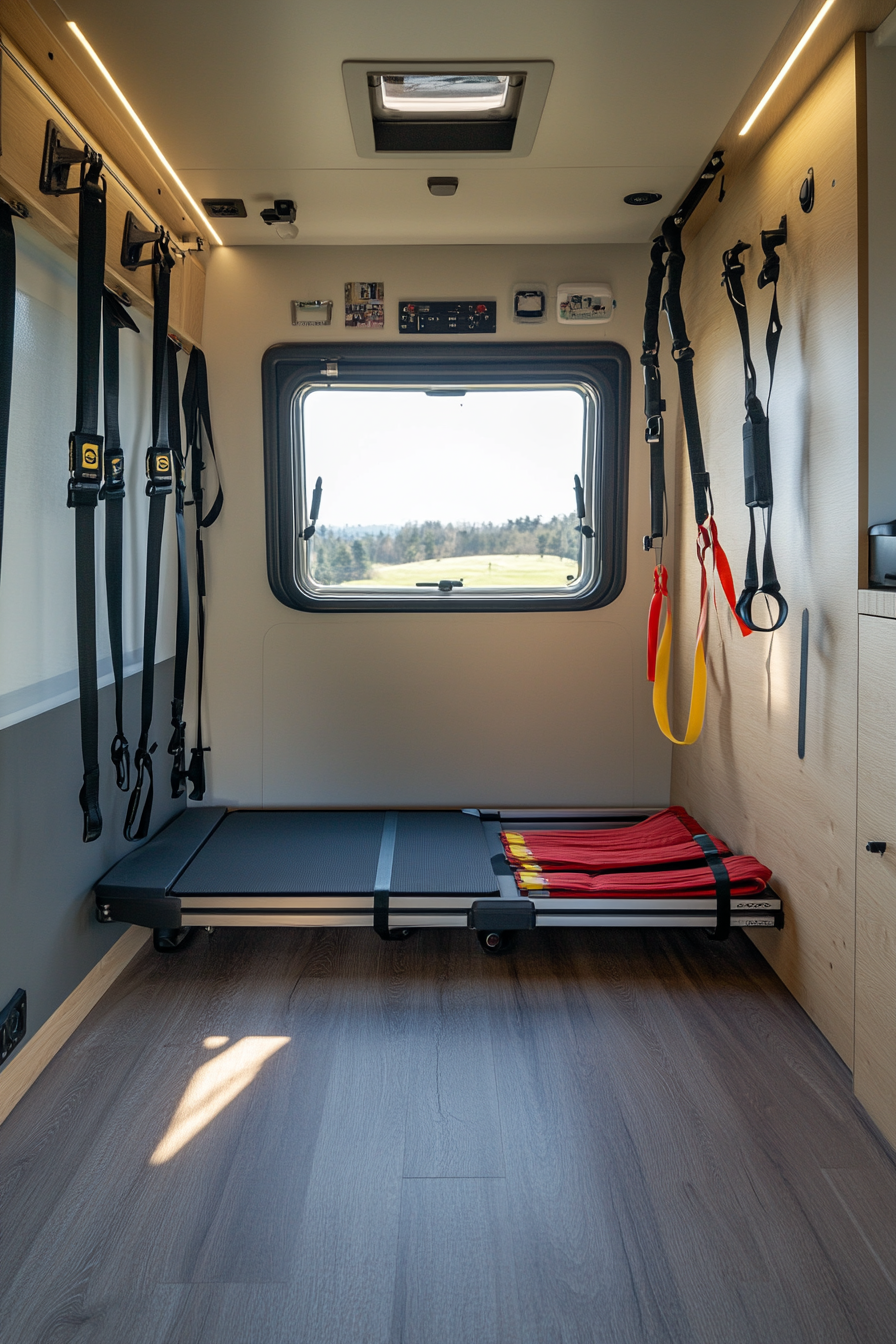 Exercise room in minimalist camper. Wall-mounted foldable treadmill, resistance bands and reflection panels.