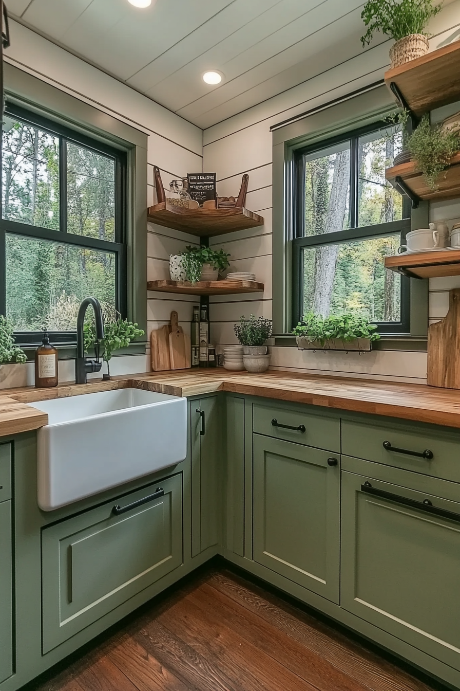 Modern Farmhouse Tiny Kitchen. Sage green cabinets, butcher block counters, stainless steel apron sink, window herb garden.