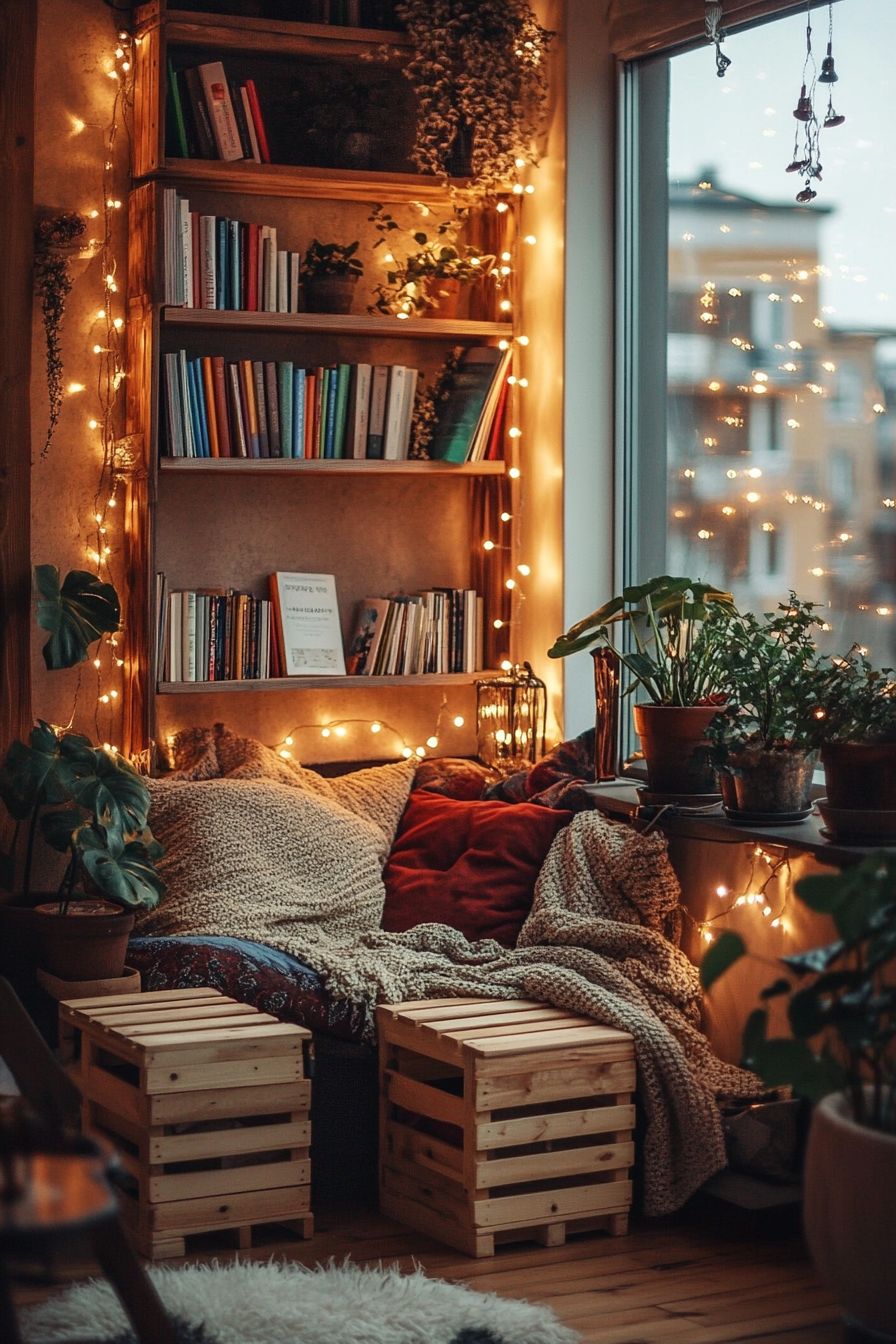 Eco-friendly van reading corner. Fairy lights strewn around wooden crate book storage.