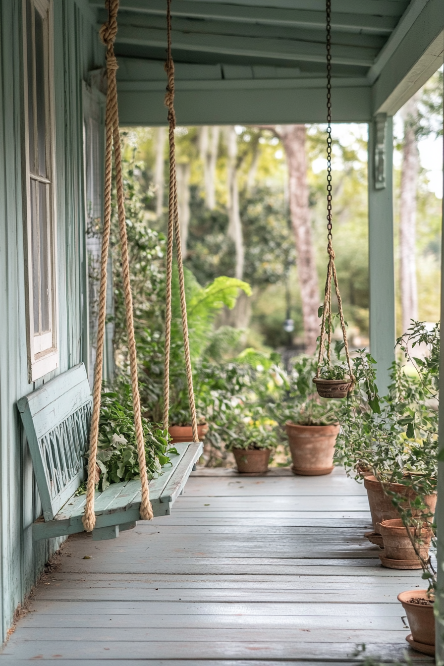 Tiny porch. Sage green with flourishing herb pots and rope swing.