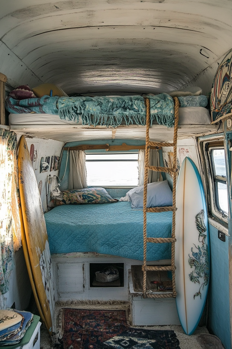 Surf-style van bedroom. Aqua-blue blankets, surfboards on overhead rack, rope ladder loft bed.