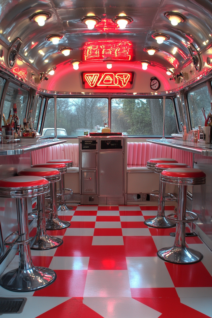 Camper dining space. Red and white checkerboard floor, bright neon diner sign, and shinny chrome barstools.