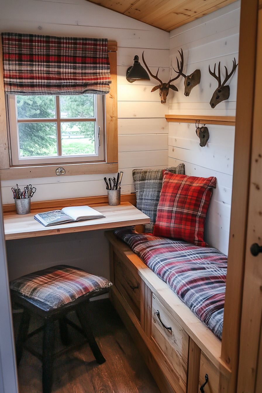 Alpine tiny house office. Pine desk, antler hooks, plaid cushions.