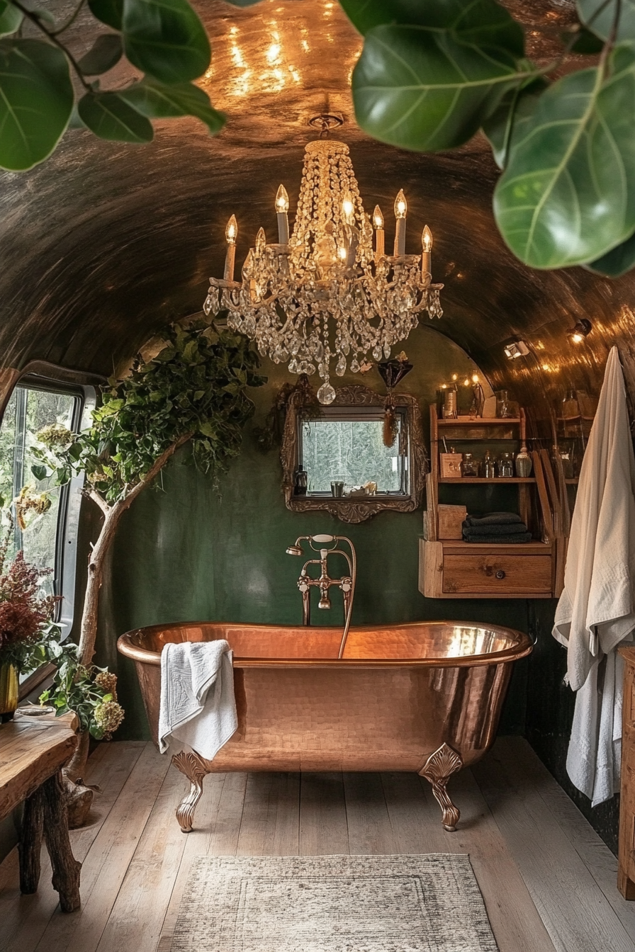 Luxury glamping bathroom. Copper tub under crystal chandelier nearby a ficus tree.