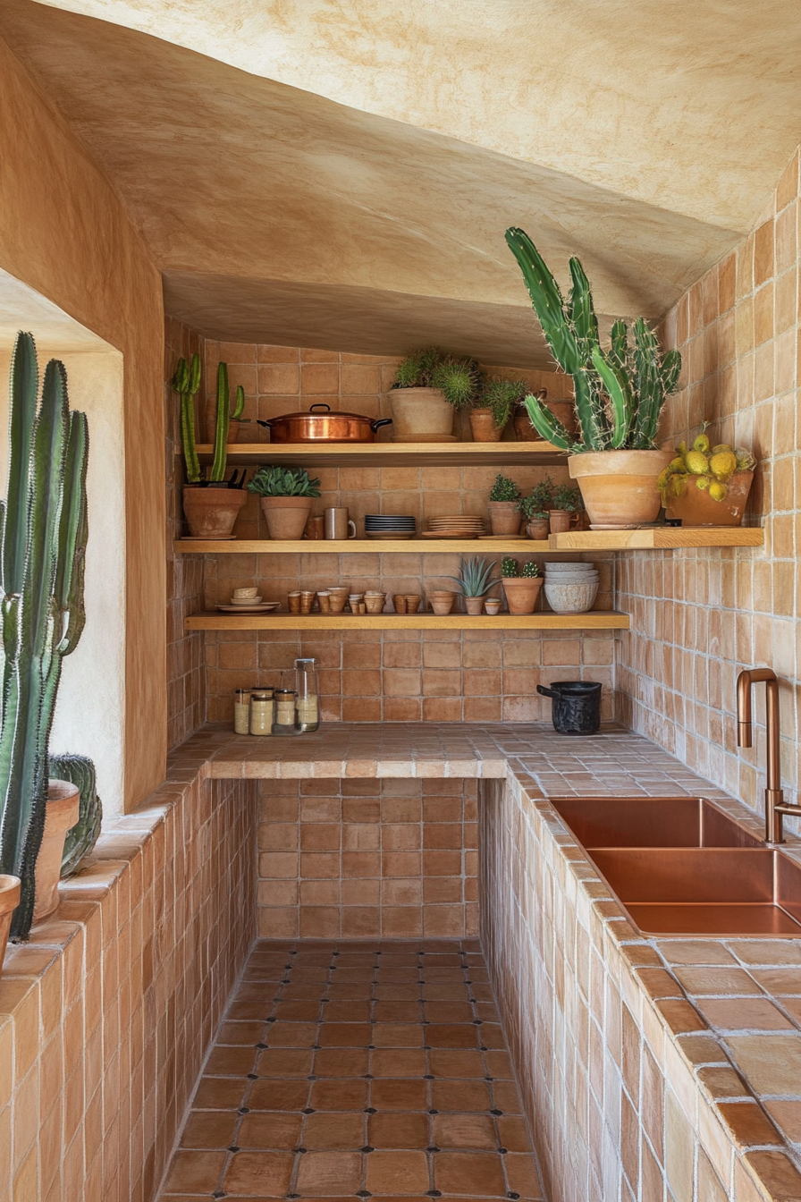 Modern tiny kitchen. Clay-colored terra cotta tiles, copper sink, compact shelving with potted cacti.