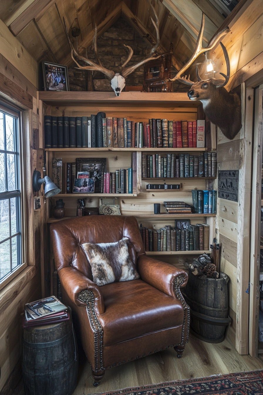 Alpine tiny house office. Leather chair, wall-mounted stag antlers, pine bookshelf.