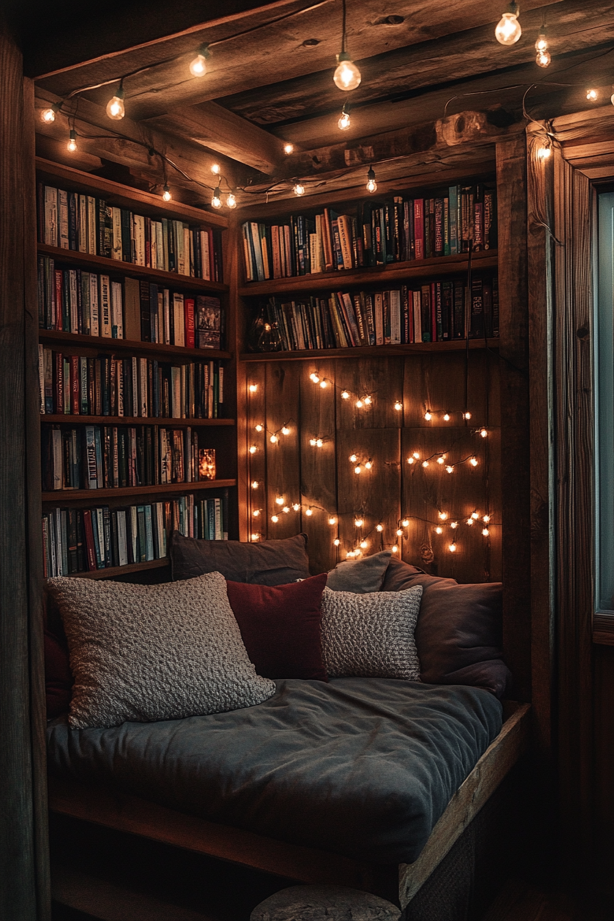 Van reading corner. Salvaged wood bookshelves, cicada hue cushions, and cinnamon incandescent fairy lights.