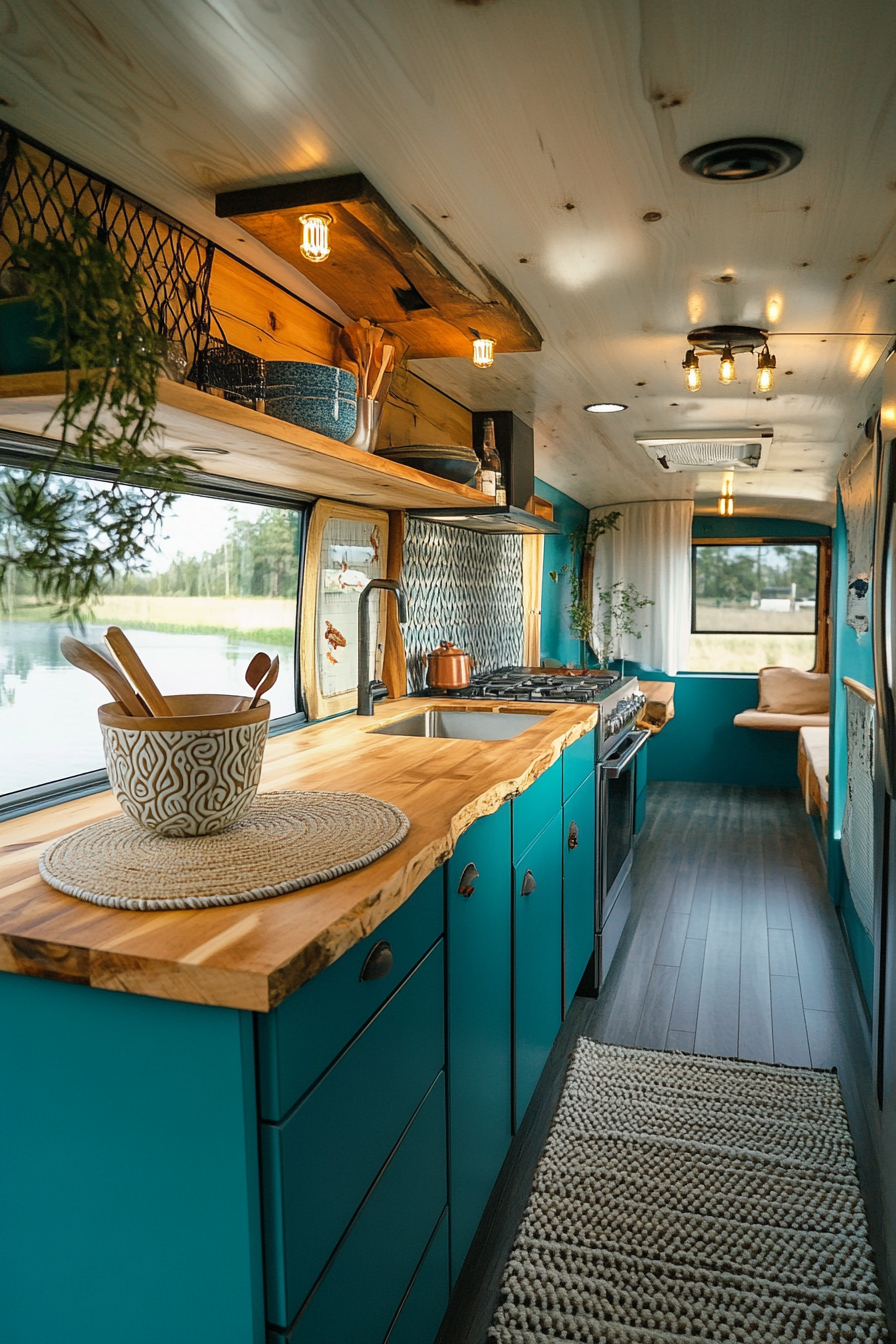 Retro surf van kitchen. Mid-century teal cabinets, raw lumber countertops, curl pattern ceramics.