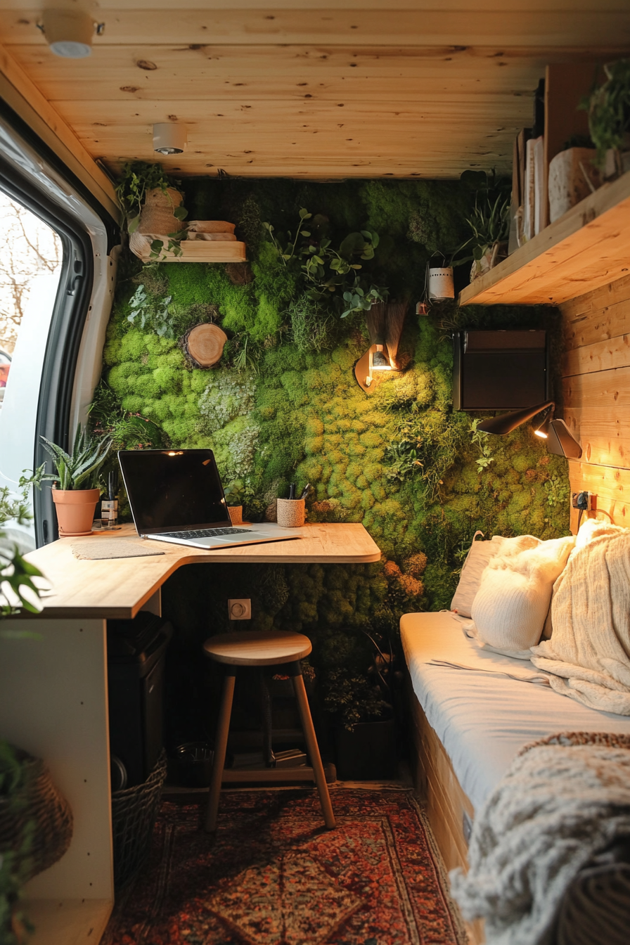 Biophilic van workspace. Wall made from living moss texture.