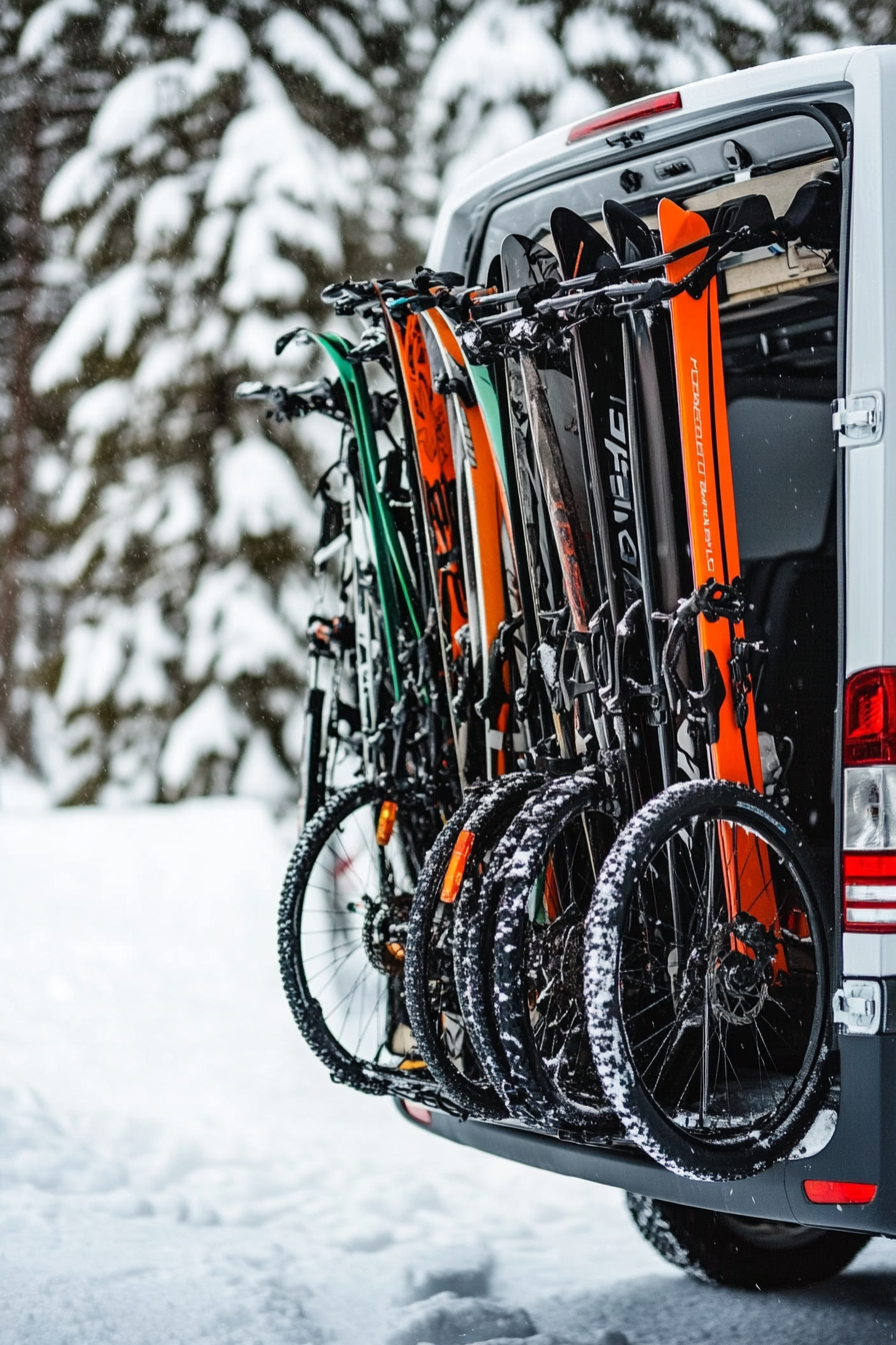 Adventure van storage space. Bulky ski racks, height-adjustable bike mounts, compact drying station.