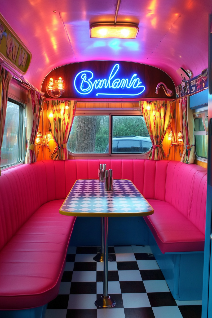 Retro-style camper dining space. Wine-red padding, checkerboard flooring, blue neon banana split sign.