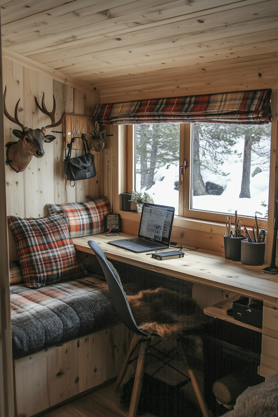 Alpine tiny house office. Pine desk with plaid cushions and antler hooks.