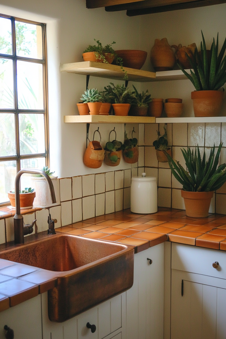 Modern Desert Tiny Kitchen. Terra cotta tiles, copper sink, white cabinetry, desert plants on floating shelves.