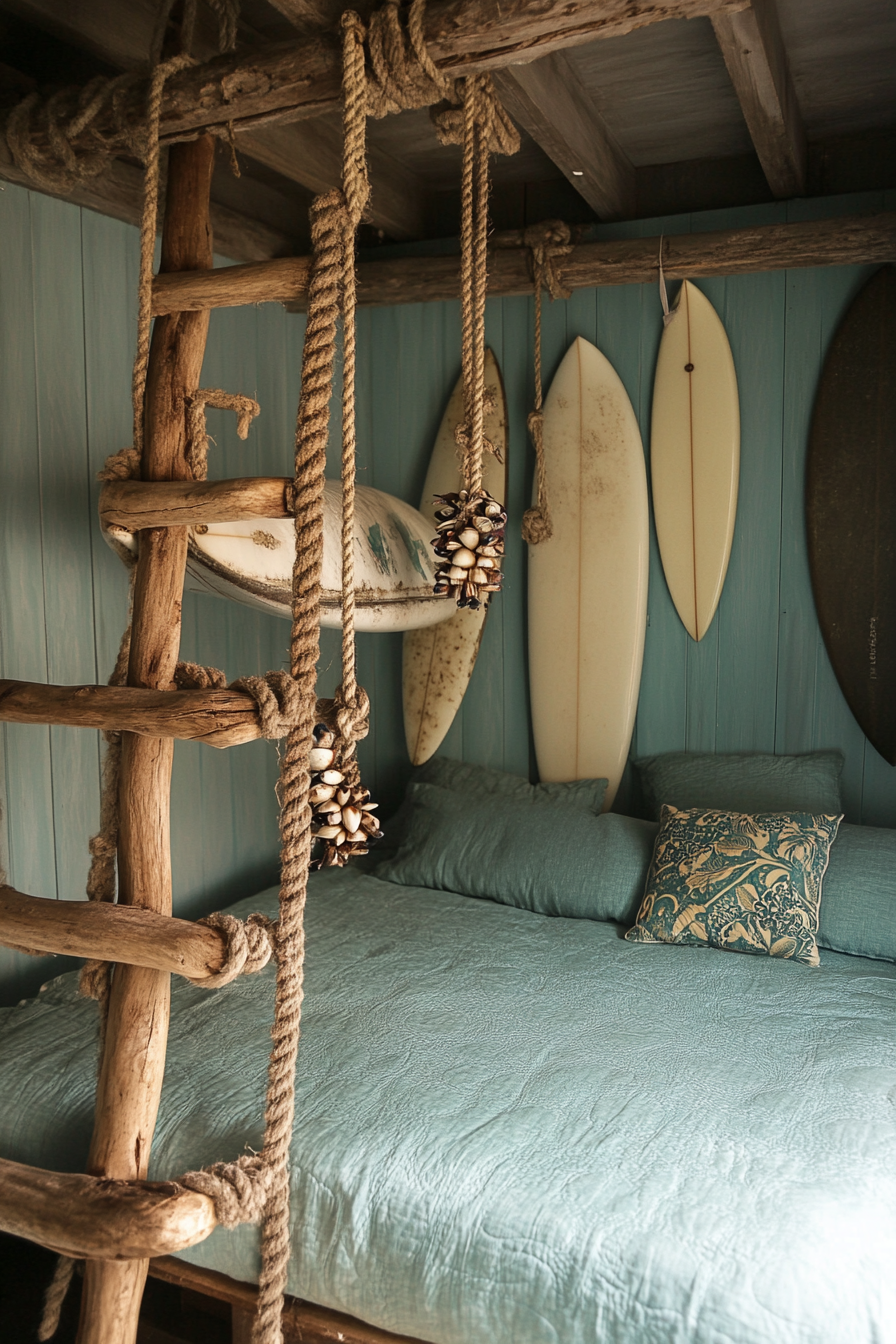 Van bedroom. Pale teal bedding, suspended surfboards, variated rope ladder, scattered cowrie shell ornaments.