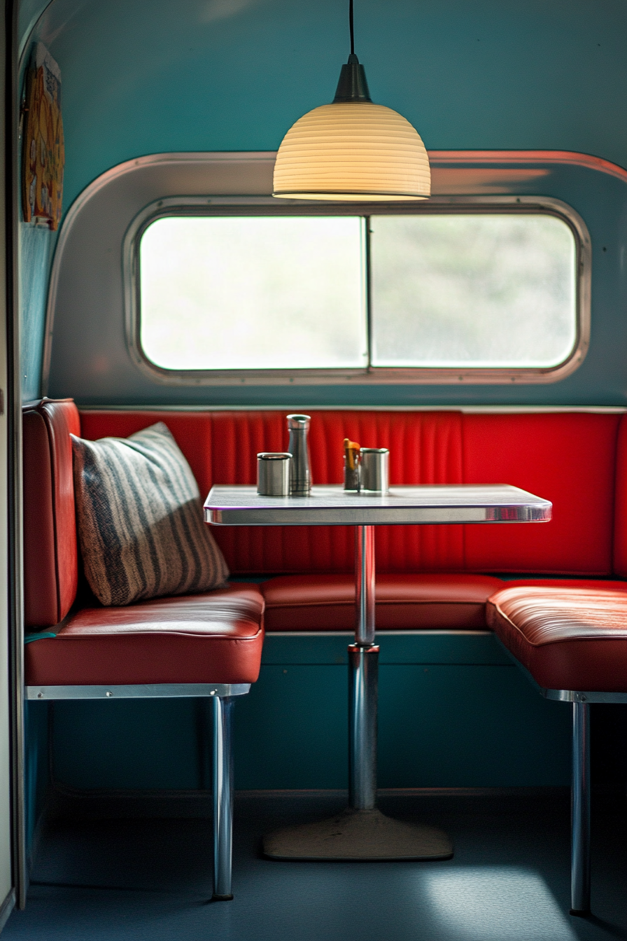 Vintage airstream dining nook. Chrome finishes, red vinyl, booth, formica table, sky-blue cushion.