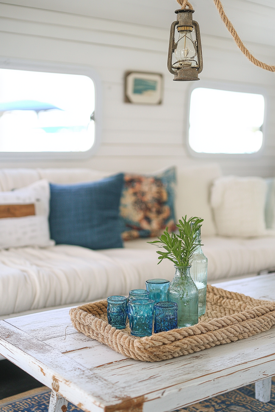 Camper living area. Whitewashed walls, rope-edged coffee table, blue sea glass decor pieces.