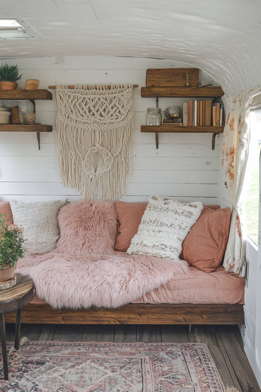 Scandi-Boho Camper Living Room. macramé wall art, muted pink sheepskin throws, rustic wooden shelves.