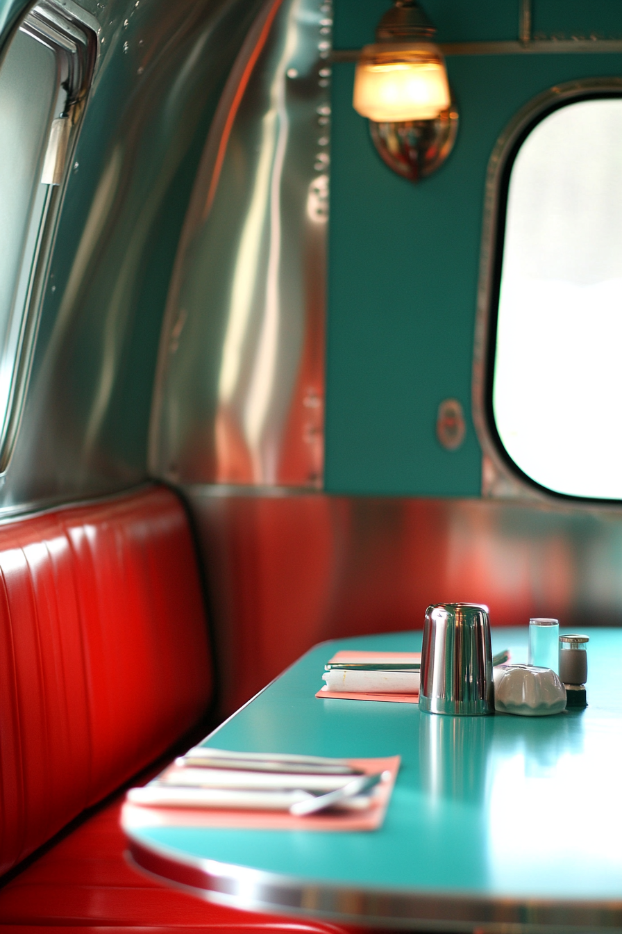 Vintage Airstream Dining Nook. Solid chrome finish, retro red vinyl booth, authentic teal Formica table.