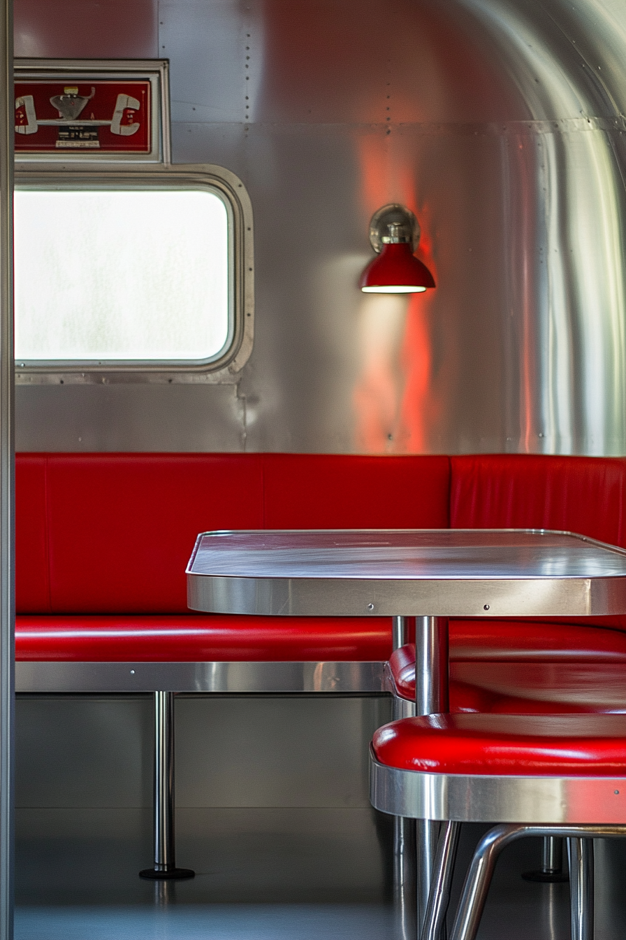 Vintage airstream dining nook. Silver chrome dining table. Red vinyl seat cushions. Formica countertop.