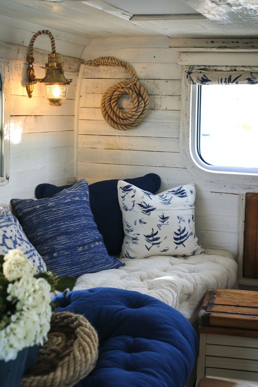 Camper living area. Whitewashed walls, blue nautical cushions, rope detail lamp.