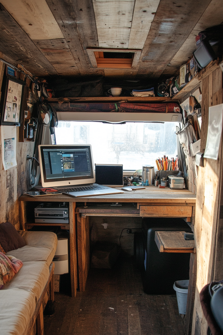 Sprinter van office space. Reclaimed wood desk, hemp upholstery, solar panels.