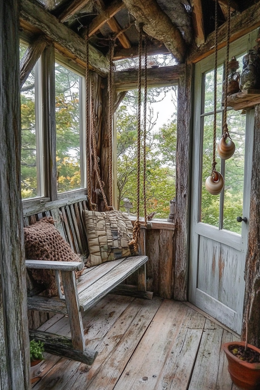 Tiny porch. Rope swing, shell wind chimes, weathered wood.