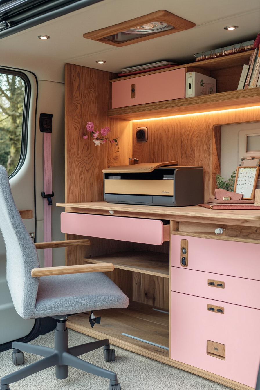 Convertible van office. Pink murphy desk, grey swivel chair, wooden hidden printer.