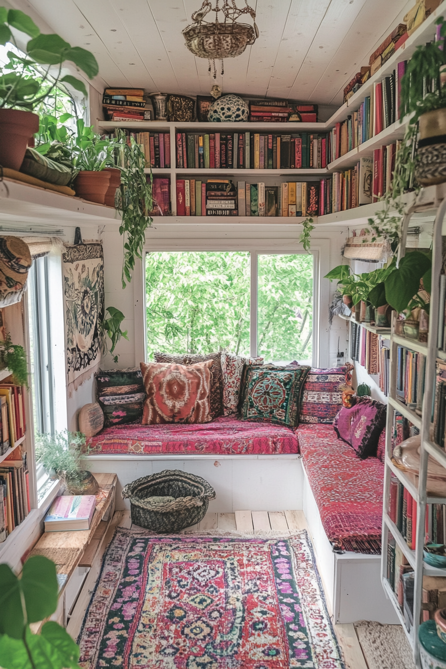 Tiny house library. Whitewashed wood floating shelves laden with hardcover books, jewel-toned Moroccan floor cushions, abundant green potted plants.