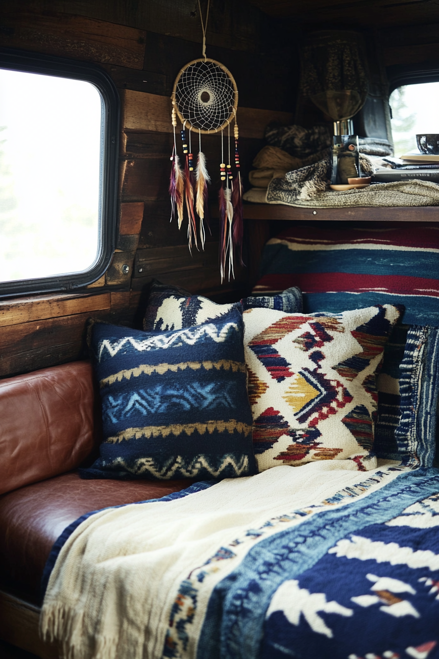 Van bedroom. Leather seat cushion, indigo Navajo blanket, woven dreamcatcher.