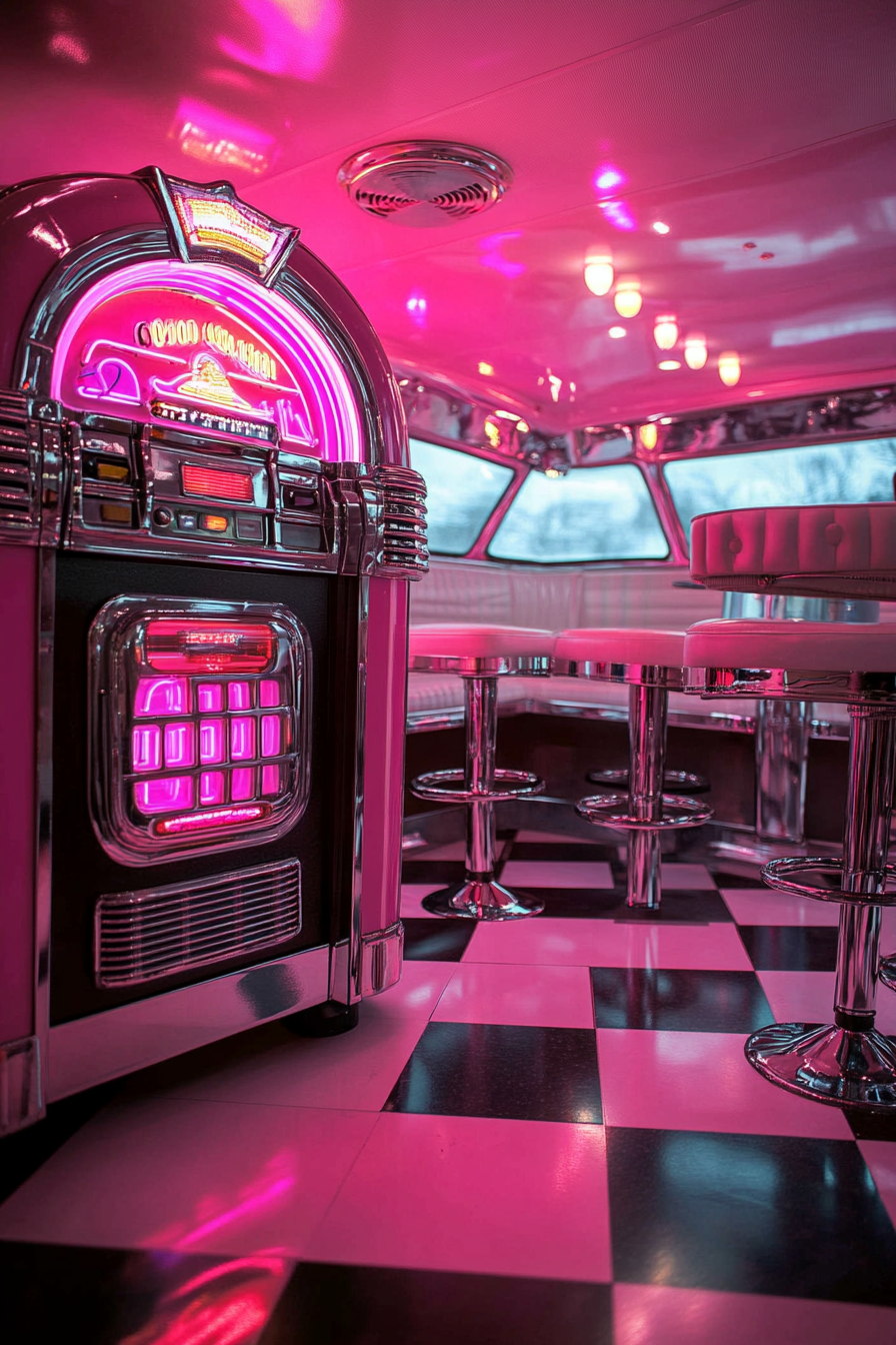 Retro-style camper dining space. Neon jukebox with checkerboard floor, chrome bar stools under pink neon sign.