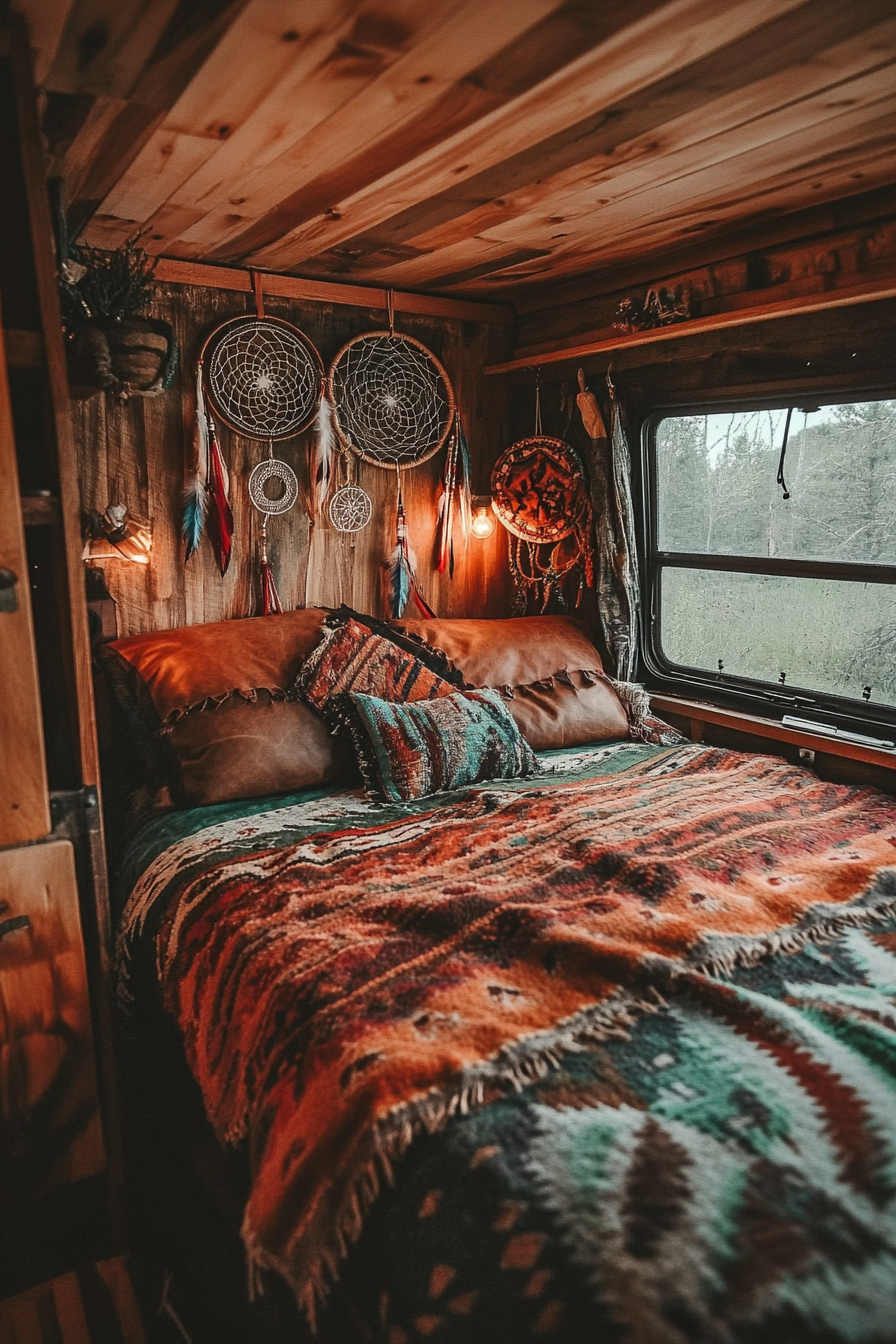 Van bedroom. Navajo blankets, matching dreamcatchers, leather cushions