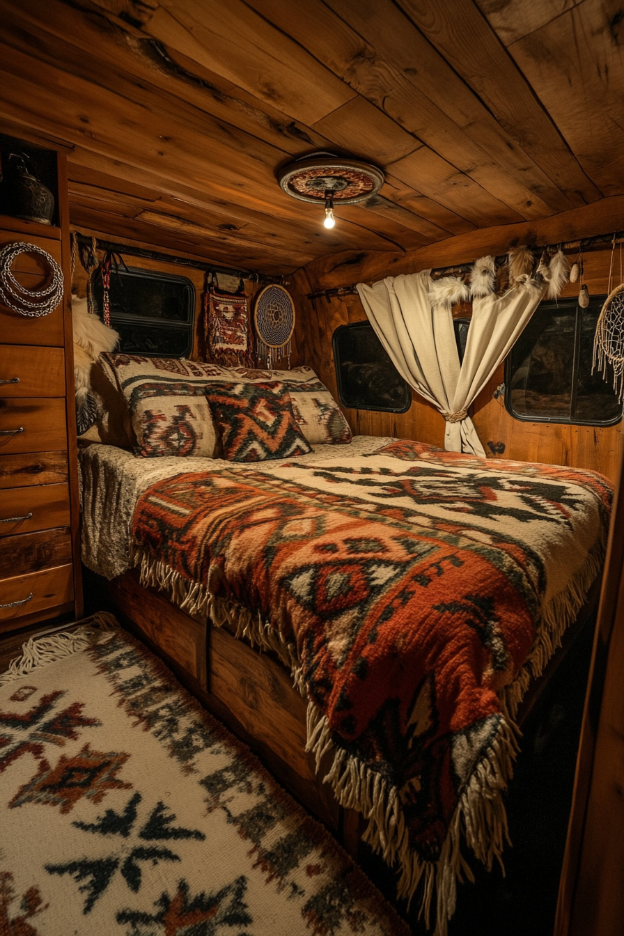 Van Bedroom. Navajo-detailed bedspread, stained dresser, beige rug, chained dreamcatchers, and leather styled seats.