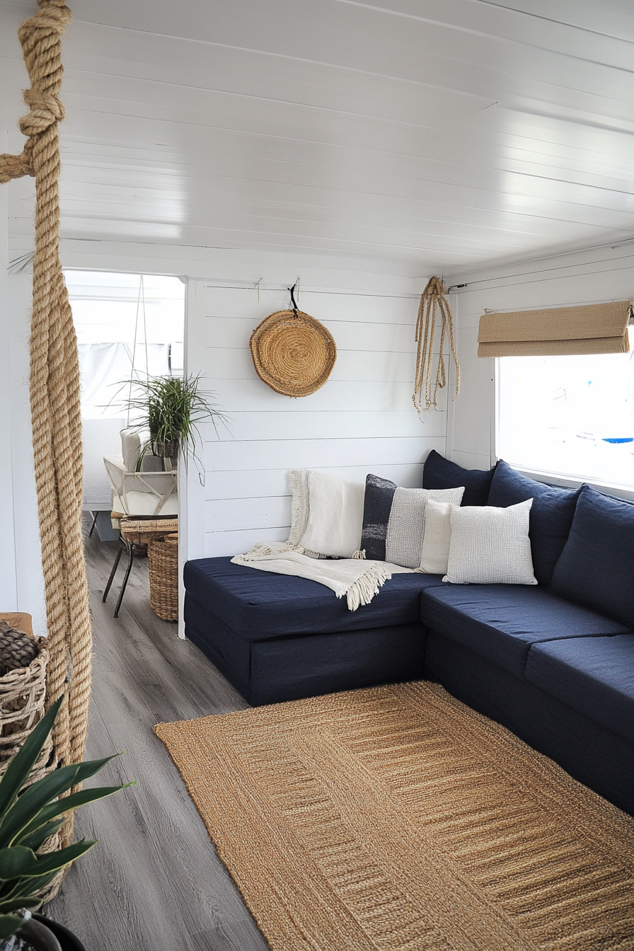 Camper living area. Whitewashed walls, rope tie-backs, navy sectional sofa.