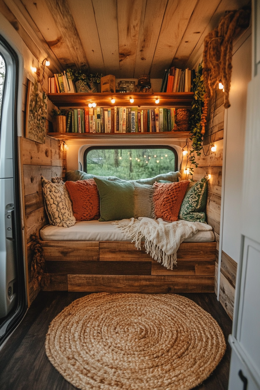 Eco-friendly van reading corner. Reclaimed wood bookshelf, jute rug, solar fairy lights.