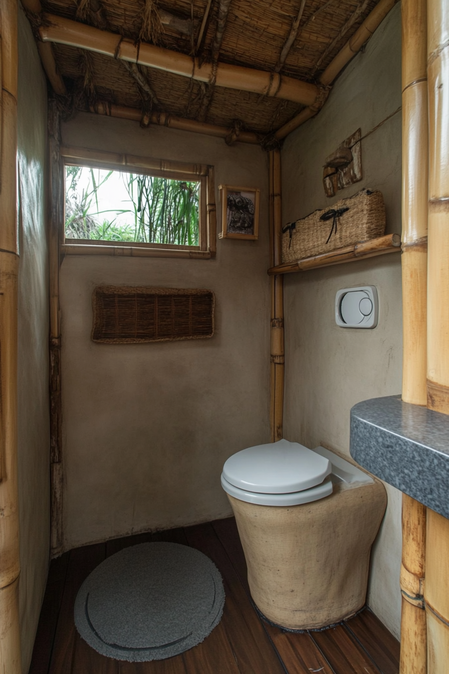 Sustainable tiny bathroom. Carpentry composting toilet with grey granite shower corners and bamboo shelves.